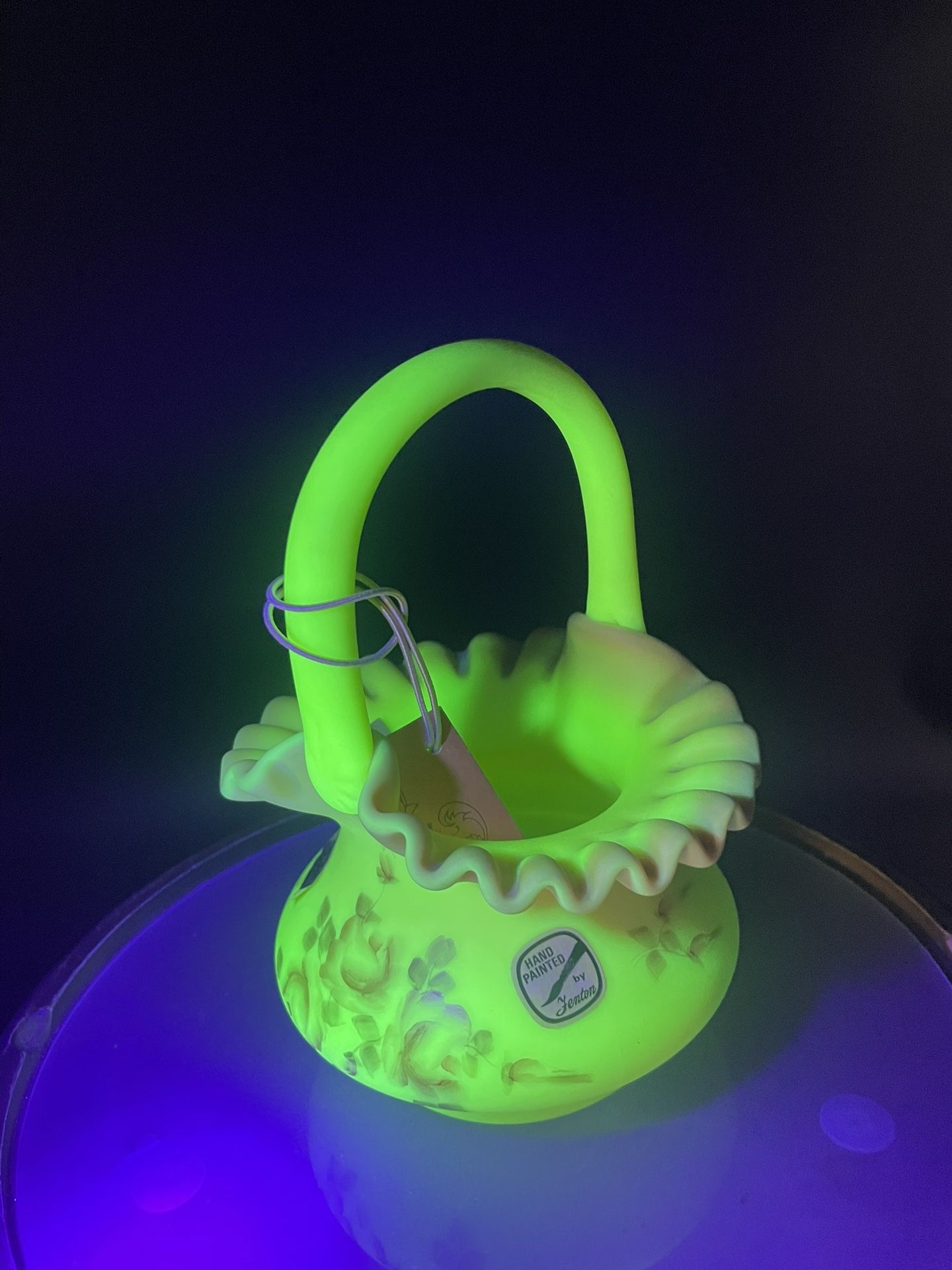 Vintage Fenton Glass Satin Uranium Burmese Basket Hand Painted Vase 7” VG