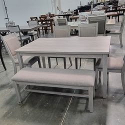 ✅️✅️ 6 pc light finish wood  dining table set padded seat chairs and bench ✅️ 