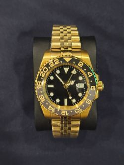Mens Luxury Gold Color Stainless Steel Watch Black Dial
