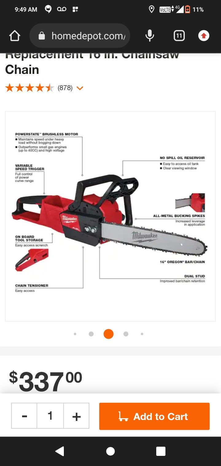 Milwaukee 18v 16in Chainsaw