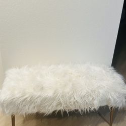 Modern White Furry Bedroom Bench with Gold Metal Legs,