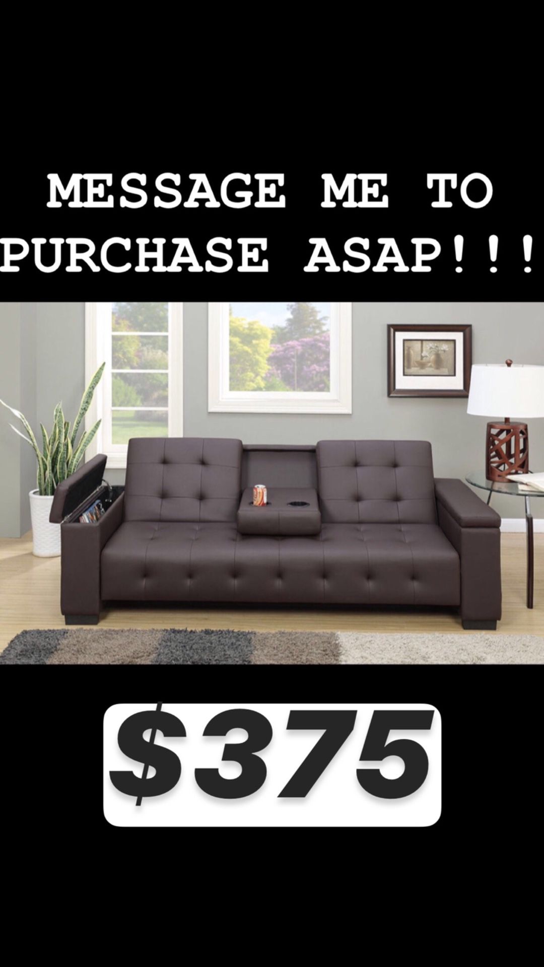 $375 Brown bonded leather tufted sofa bed futon gaming couch with cup holders and storage