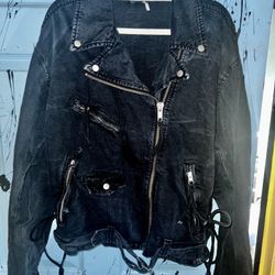Free People Retro Oversized Denim Lace Up Moto Jacket