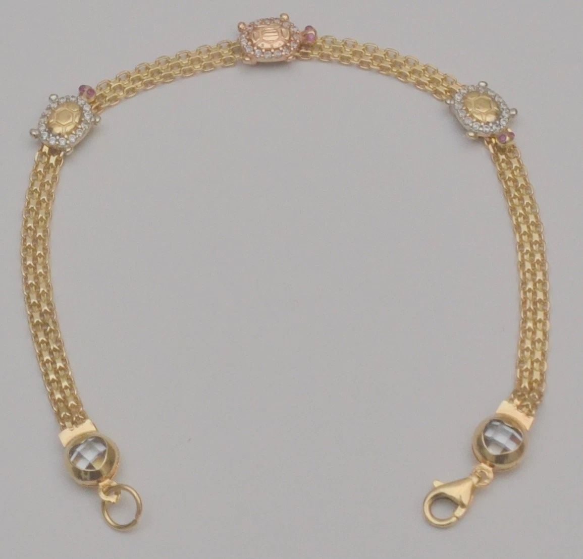 14K Two-Tone Gold Bismark Bracelet Turtle Stations 7in 5.7g P5