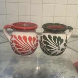Ay Caramba! Two Beautiful Jarritos de Barro Handmade Vintage Clay Mugs in Red and Green: