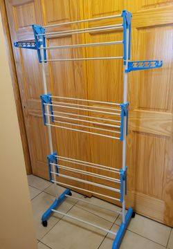 NEW Blue and White Tall Folding Drying Rack with Wheels