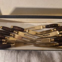 16 Piece Lot BISTRO 2 Rivet Handle Forks Brass Vintage