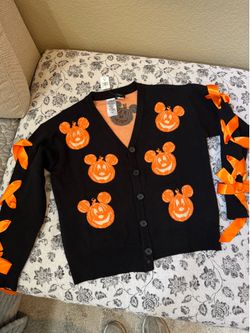 DISNEY Mickey Mouse Jack-o'-Lantern Cardigan Sweater w/bow sleeves satin NWT!