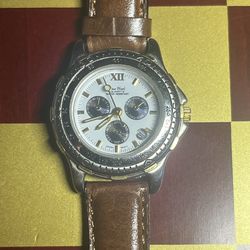 Pierre Nicol quartz model featuring a multi-dial face and a brown leather strap