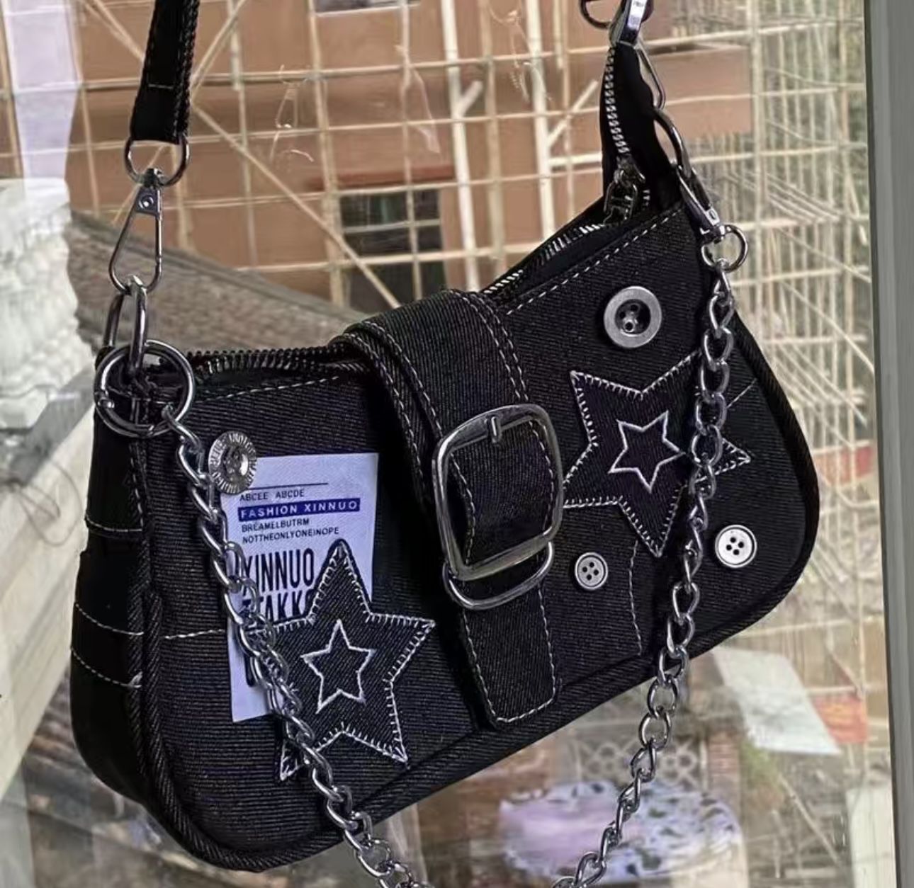 Women Star Bag Button Chain Y2K Accessories Denim Canvas Shoulder Purse Small Hobo Bag Crossbody Bag