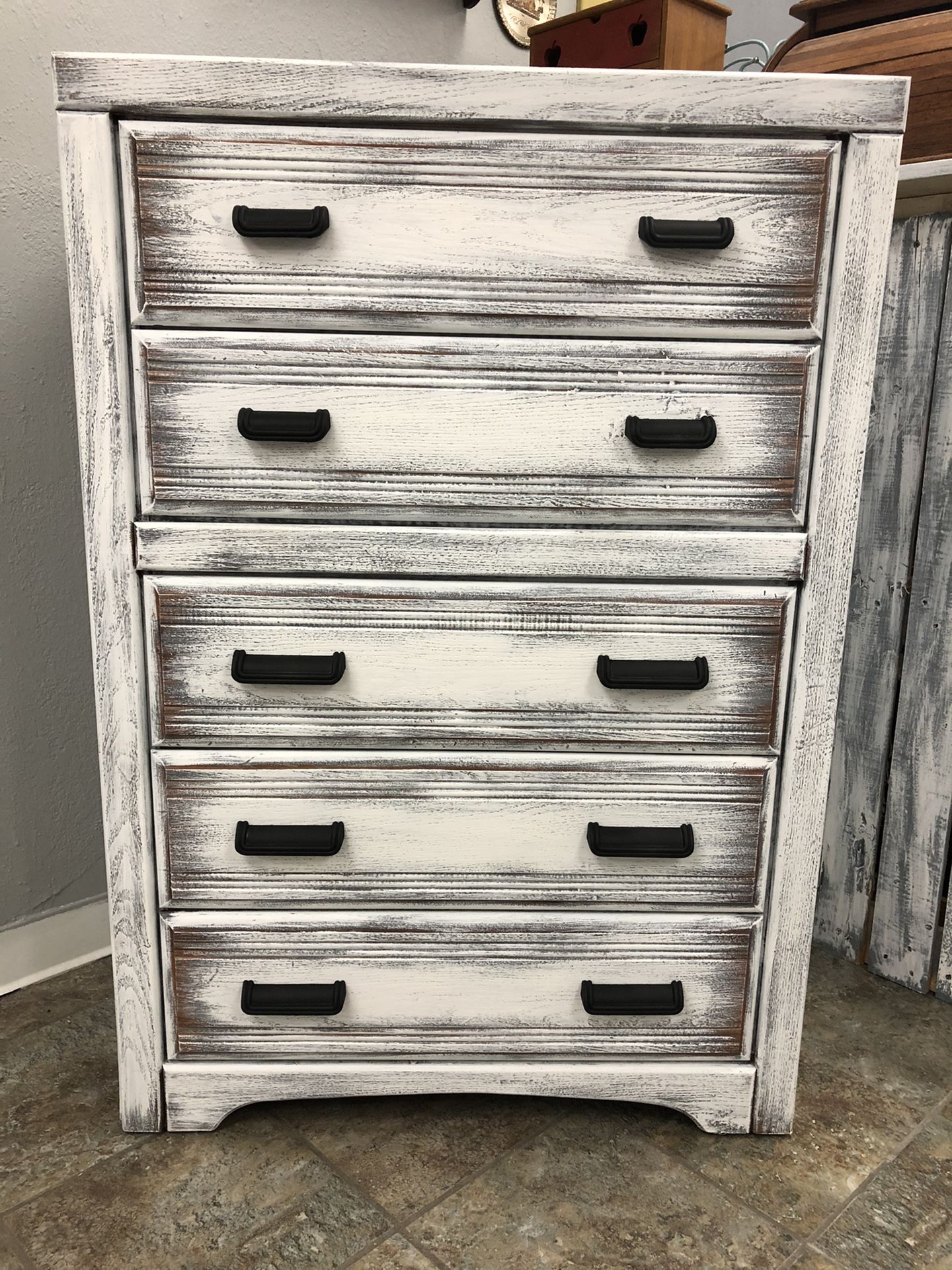 Chest of 5 Drawers Rustic White Wood Shabby Chic