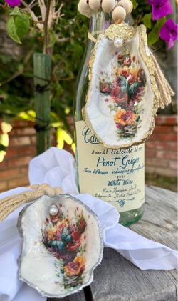 Handmade oyster shell ornaments - flowered cross/coastal decor/host hostess gift