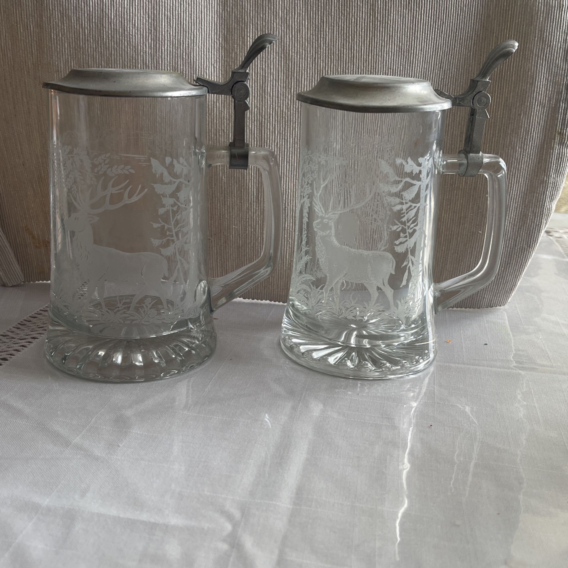 Vintage German Crystal Glass Beer Stein w/ Pewter Lid & White Enameled Deer Stag
