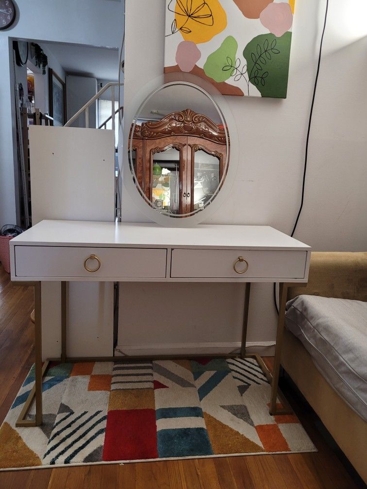 White & Gold Vanity Desk with Drawers