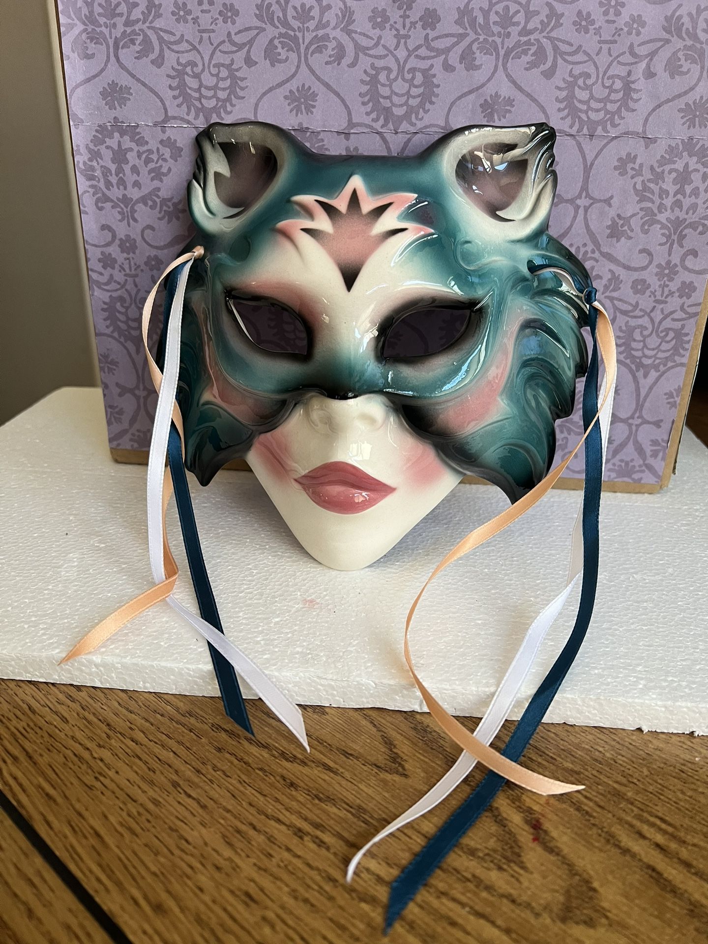 Vintage Hand Painted Face MASK Ceramic Wall Hanging Clay Art San Francisco Cat