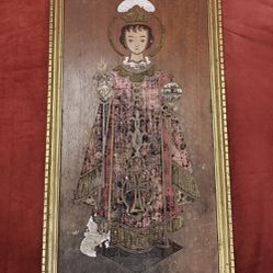 Rare Vintage Infant Jesus of Prague wooden dimensional framed picture