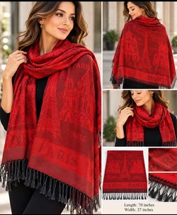 Red Paris Print Wrap Scarf with Fringe