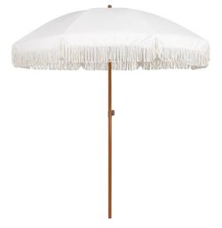 7ft Patio Umbrella with Fringe Outdoor Tassel Umbrella UPF50+ Premium Steel Pole and Ribs Push Button Tilt, Cream White
