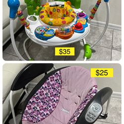 Baby jumperoo  bouncing jumper, gym, activity table from $95 only $35!  & swing $25/ mecedora y brincolin bebe