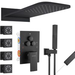 Shower Faucet Set Matte Black Shower System,Push Button Diverter Shower Faucet with 2 in 1 Handheld,Wall Mount 22 * 10 Inch Shower Head with 4 PCS Dua