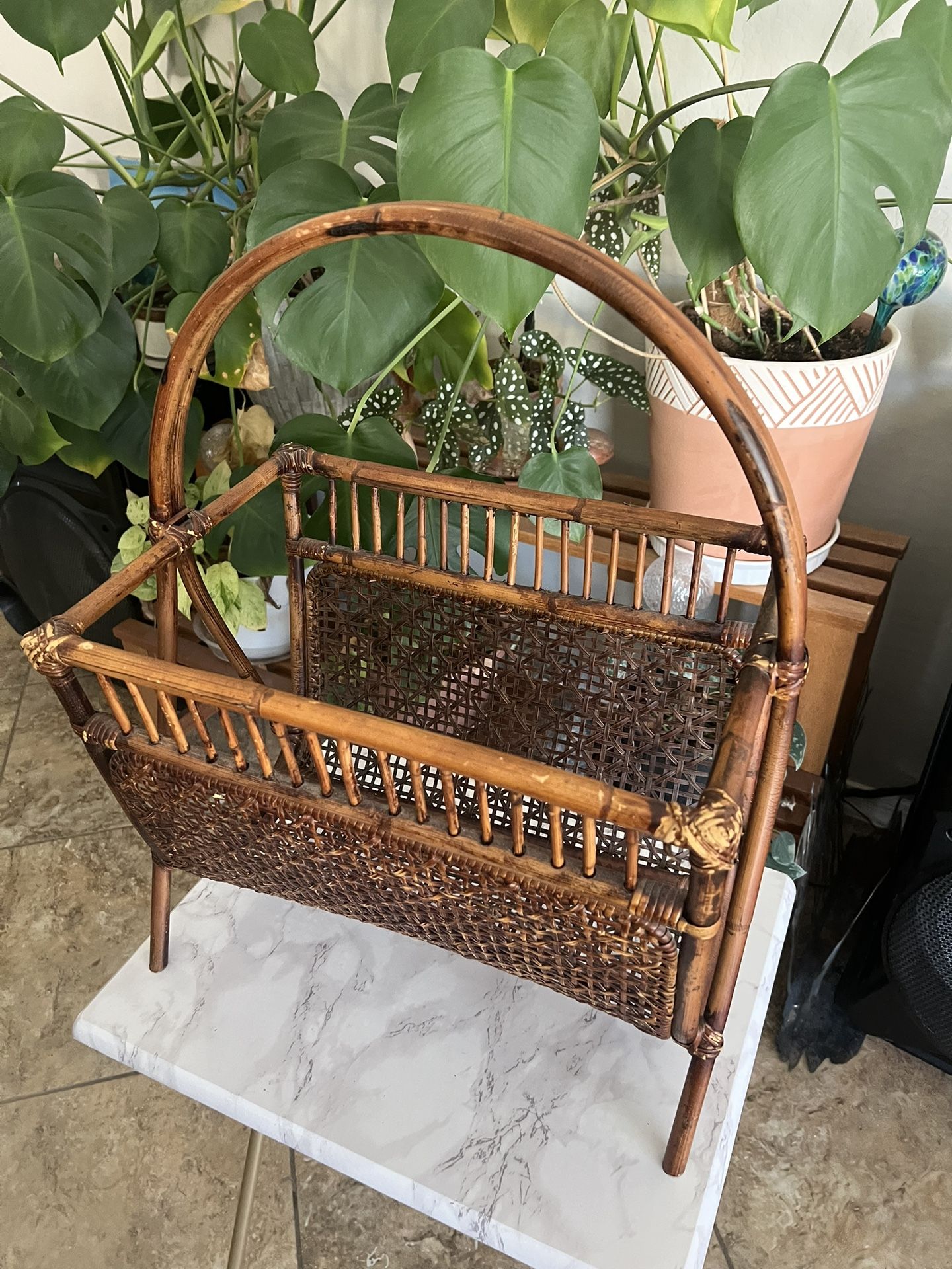 Vintage MCM Rattan Bamboo Wicker Magazine Boho Basket Organizer 12x17x22in