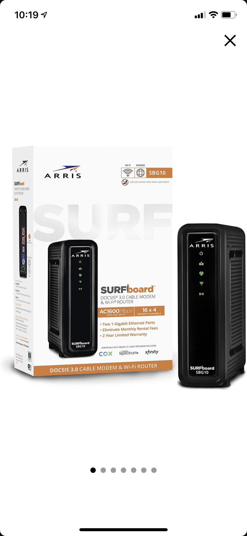 ARRIS SURFboard SBG10 DOCSIS 3.0 Cable Modem & AC1600 Dual Band Wi-Fi Router, Approved for Cox, Spectrum, Xfinity & others (black)