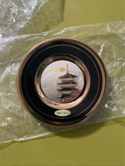 24k Gold Edged 6”Plate ART OF CHOKIN Japan Mt Fuji Pagoda Black Cooper Flowers