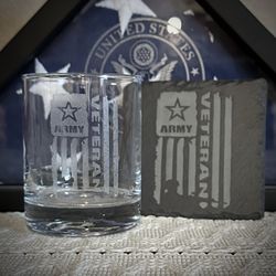 Army Veteran Whiskey Glass and Coaster Set