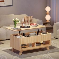 Farmhouse Lift Top Coffee Table, Mid Century Modern Coffee Table with Hidden Storage Compartment, Fluted Rising Pull up Wood Modern Center for Living 