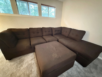 2-Piece Chocolate Fabric Sectional with Ottoman - Good Condition - Houston, TX