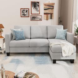 New Convertible Sectional Sofa Couch, Modern Linen Fabric L-Shaped Couch 3-Seat Sofa Sectional with Reversible Chaise for Small Living Room, Apartment