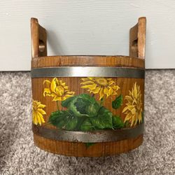 Vintage Basketville Vermont NY Rustic Wood Barrel Bucket Farmhouse Country Style Hand Painted Signed Planter Vessel Decor