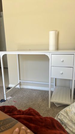 White Desk with Drawers and Shelf