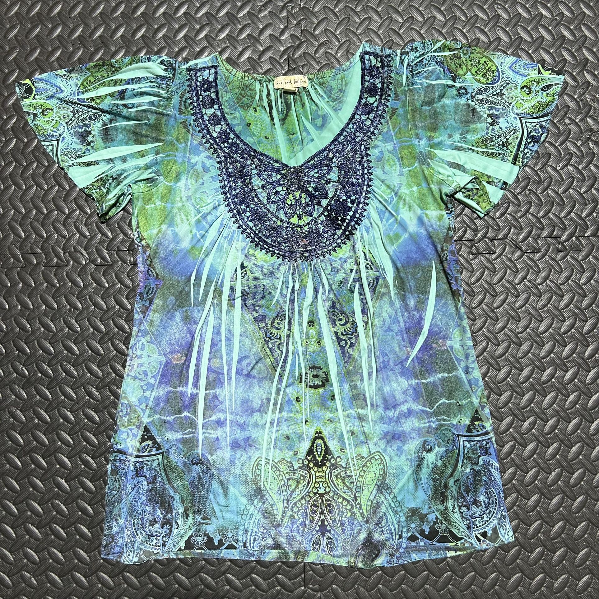 Live and Let Live Womens Tunic Top Size Small Blue Crochet Studded Paisley Jade