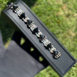 Jewelry .925 Sterling Silver onyx bracelet 24CTW 7.00” 15.00mm 27.30g