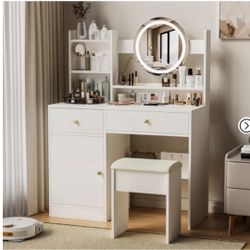 Fashion Vanity Desk with Mirror, Lights and Cushioned Chair