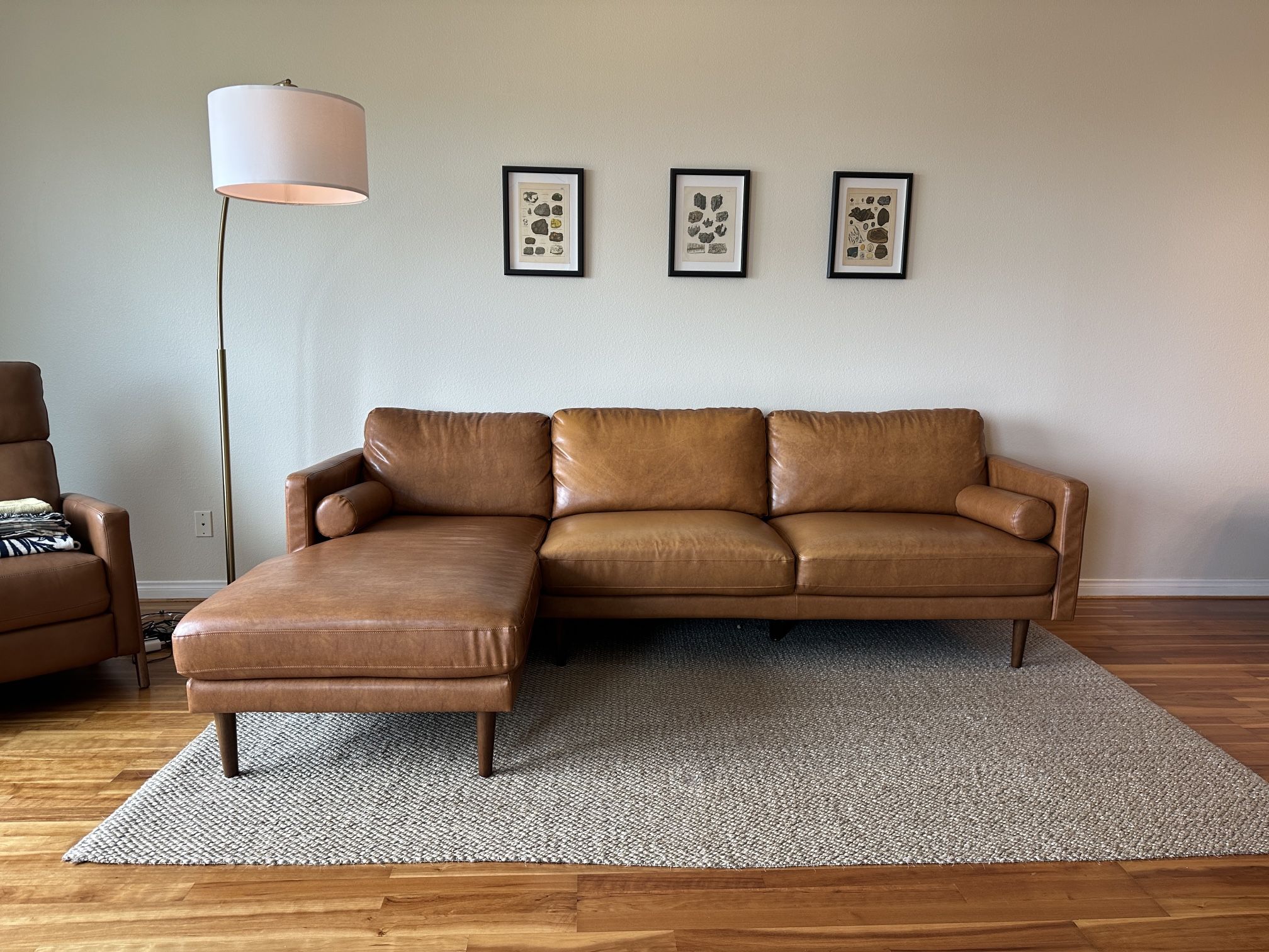 Mid-Century Modern Tan Sofa with Chaise Lounge