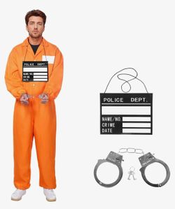 Halloween Prisoner Costume Men,Orange Jumpsuit for Adult Mens 4 PCS Jail Halloween Costume Handcuffs Fancy Dress, XL