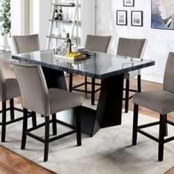 Brand New Black Gray  Genuine Marble Top 7pc Counter Height Dining Table Set 