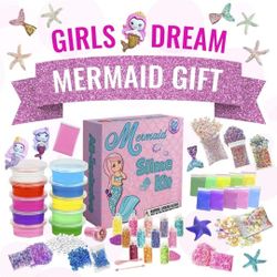 Mermaid Slime Kit - DIY Slime Kit for Kids - Party Mermaid Gift for Girls - Make Glitter, Butter, Clear Foam Crunchy Glossy Slime Charms Add Ins Merma