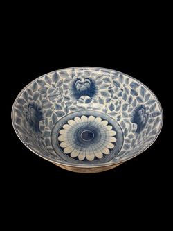 Oversized Vintage Blue & White Floral Porcelain Bowl – 15” – Hand Painted in Thailand