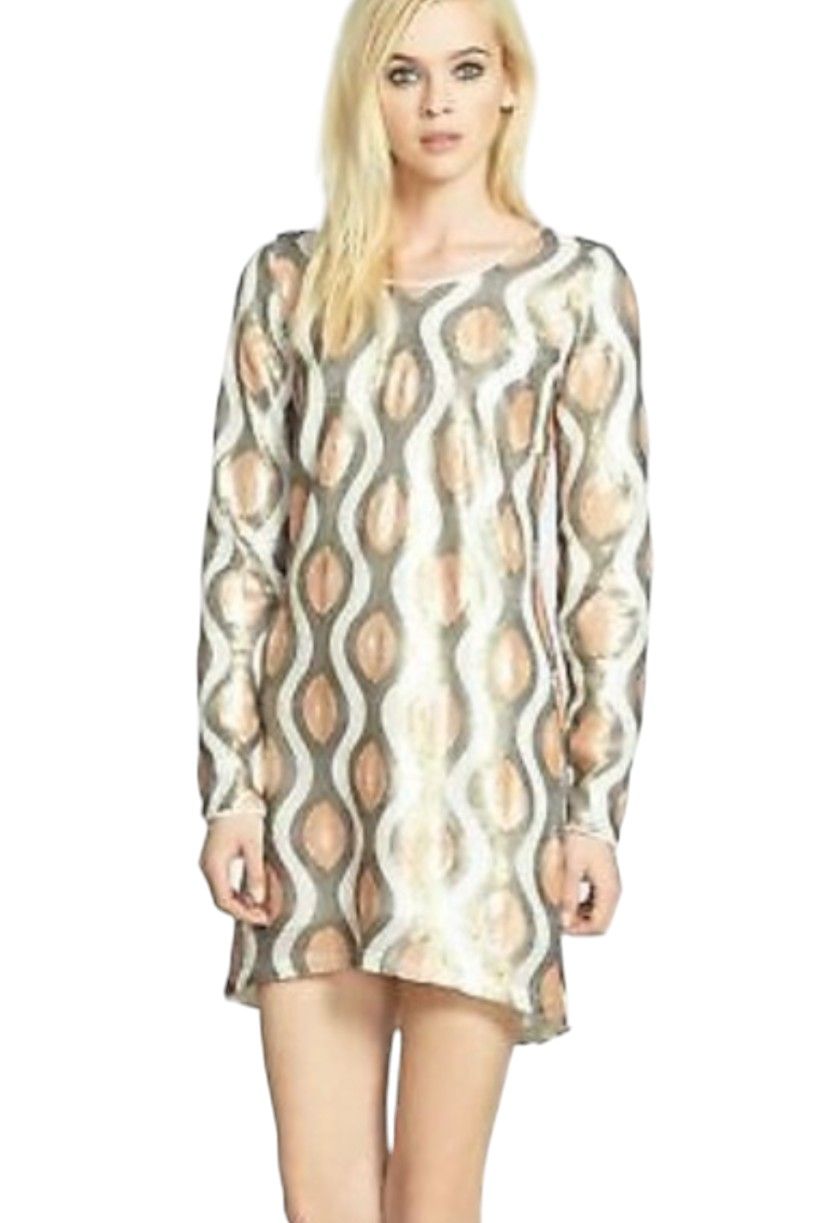 DRESS THE POPULATION "Cassandra" Dress Sequins Sheath Ivory Brown Bronze LARGE