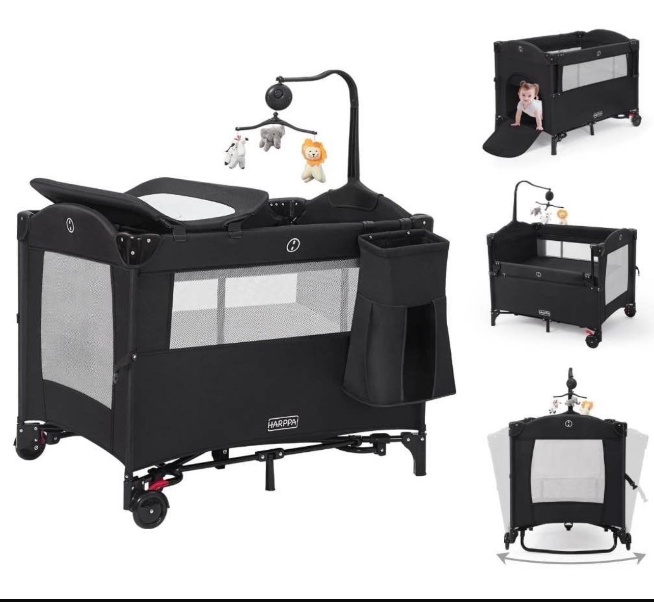 5 in 1 Portable Playard and Bassinet Bedside Sleeper for Newborn to Toddler, Unisex, Black (22)