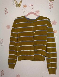 Olive Striped Button-Up Knit Cardigan M