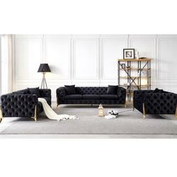 Black Velvet Sofa Loveseat Chair Set With Gold Legs Brand New In Box Firm Price $2,680