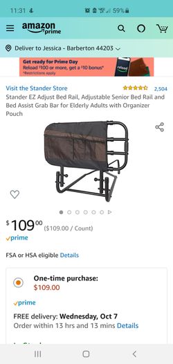 Stander EZ Adjust Bed Rail, Adjustable Senior Bed Rail and Bed Assist Grab Bar for Elderly Adults with Organizer Pouch