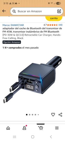 Cargador de Carro 4 en 1 con Transmisor FM Bluetooth 5.3, Adaptador de Carga Rápida USB de 45W con Doble Cable Retráctil Tipo C, PD 30W y QC3.0, Manos