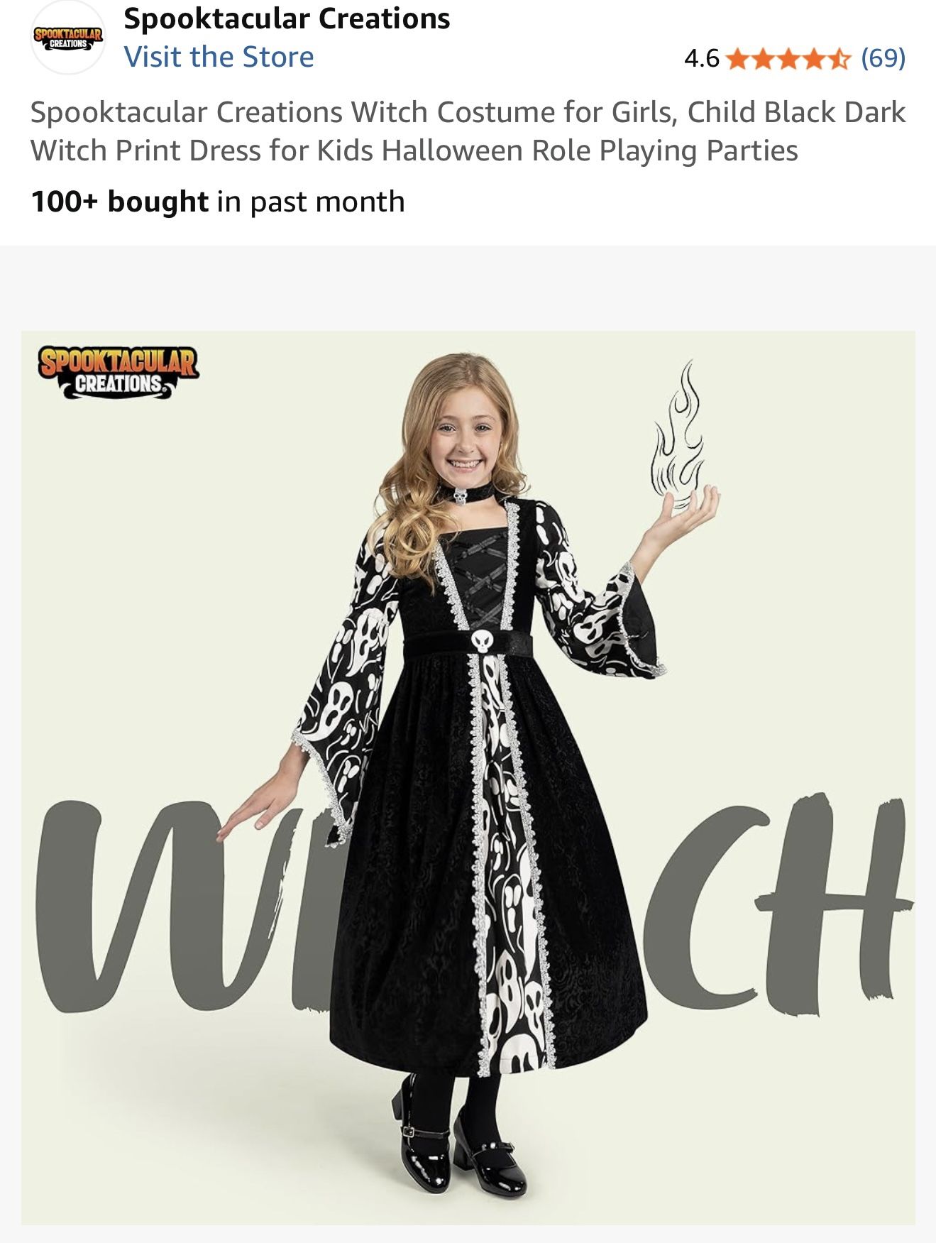 Spooktacular Creations Witch Costume for Girls, Child Black Dark Witch Print Dress for Kids Halloween Role Playing Parties