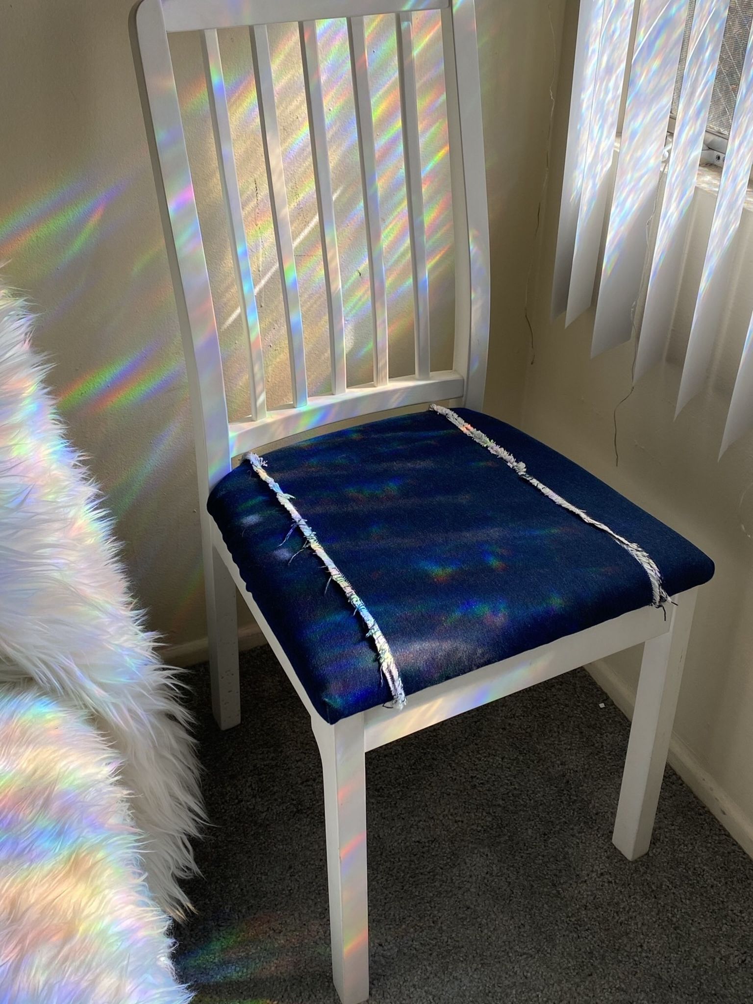 White Wood Dining Chair With Handmade Denim Cover