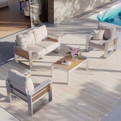 Aluminum Outdoor Patio 4-piece Sofa Set Beige with Coffee Table